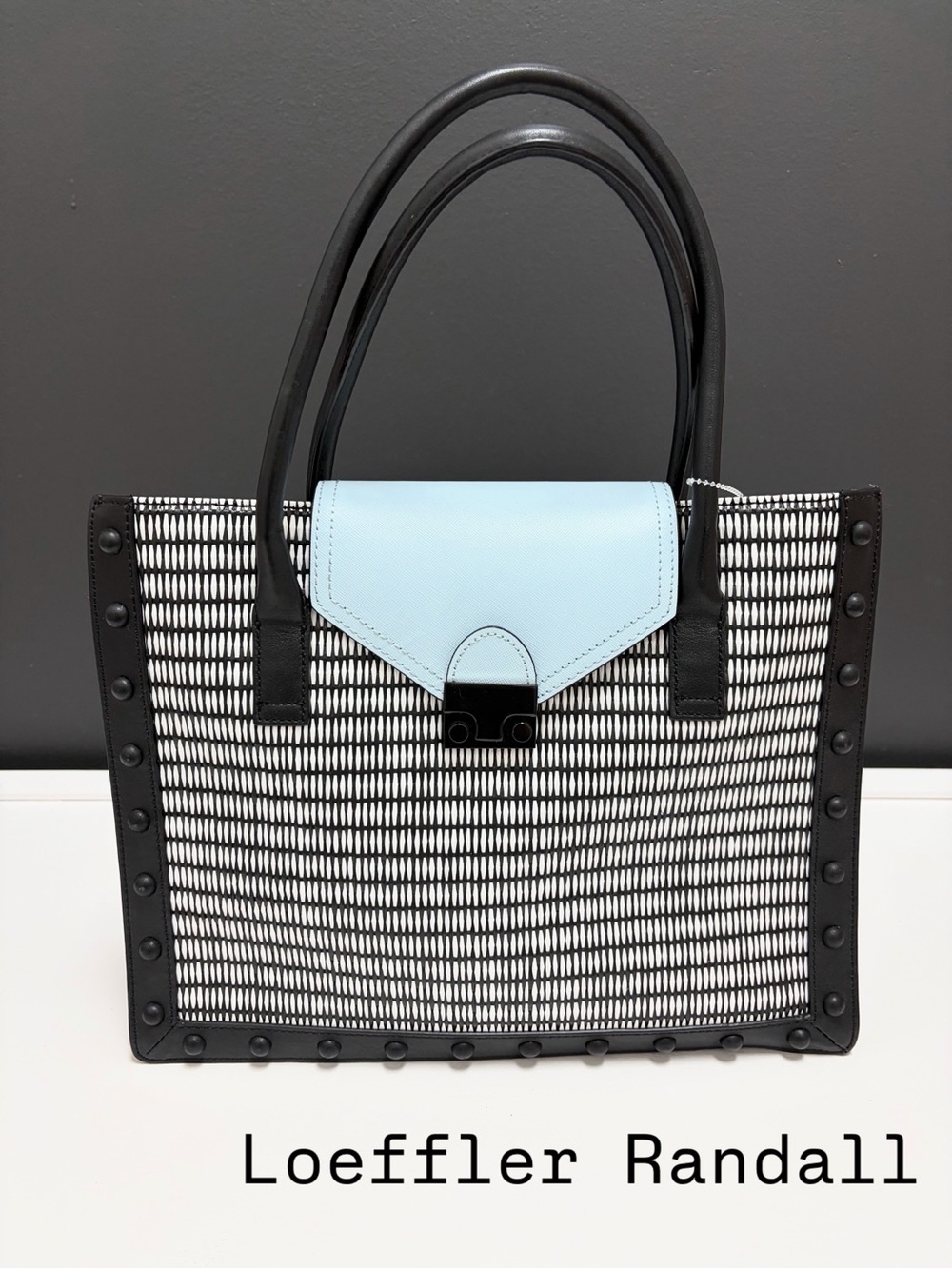 Loeffler Randall Black & Light Blue Woven Tote with Stud Trim